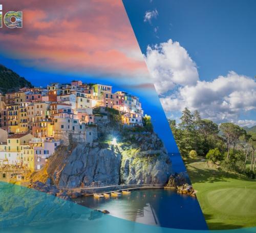 Cinque Terre at sunset with village and seashore