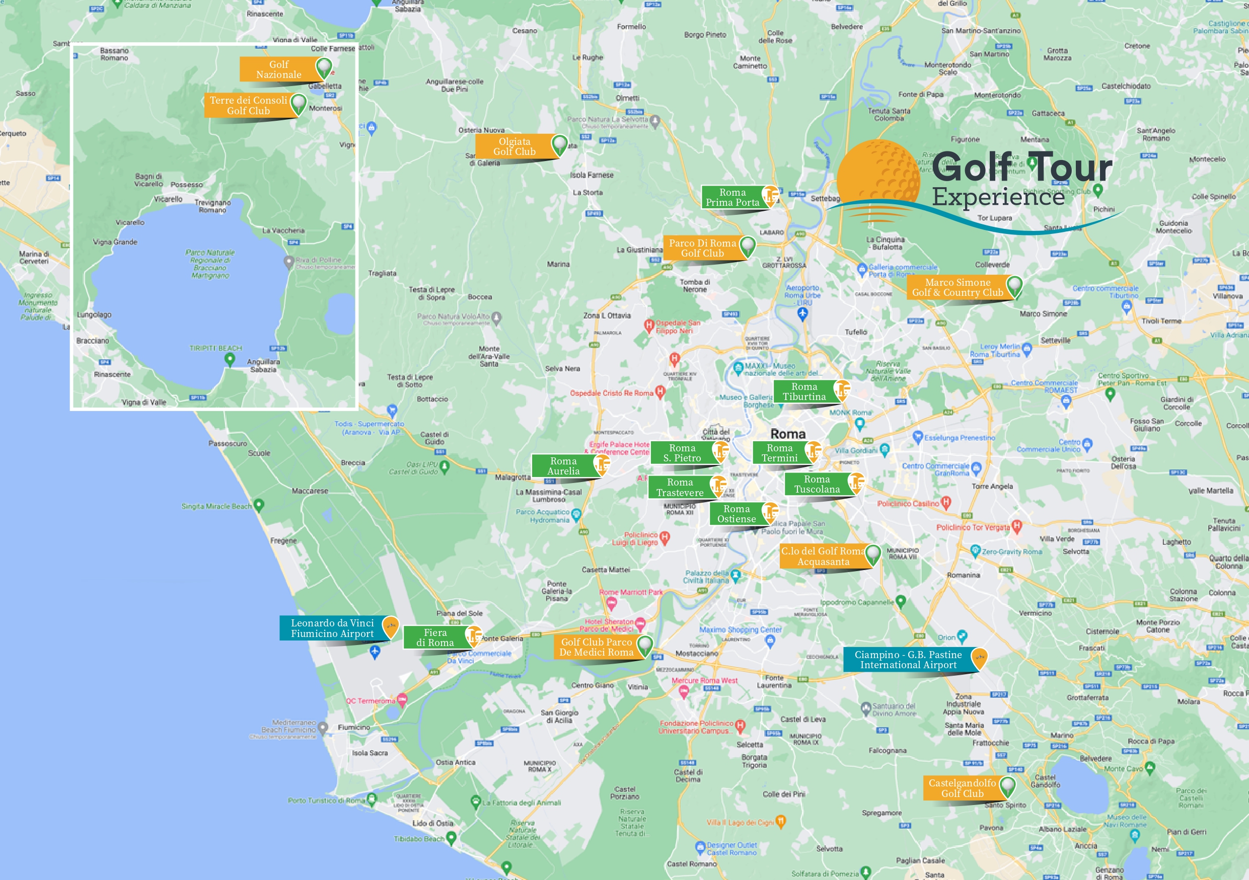 Golf Courses in Rome shown on a map