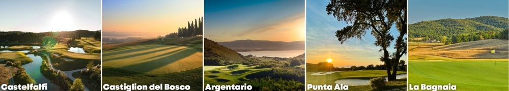 Alcuni dei migliori campi in Toscana: Castelfalfi, Castiglion del Bosco, Argentario, La Bagnaia e Punta Ala.