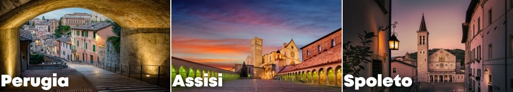 From left to right: Perugia, Assisi and Spoleto