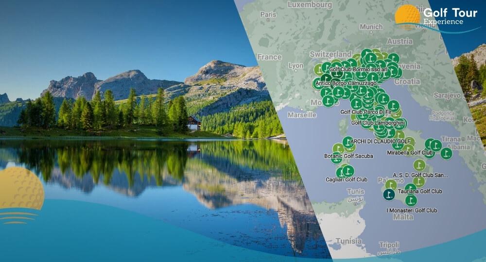 Map of Italy with golf courses pinned and lake in the background