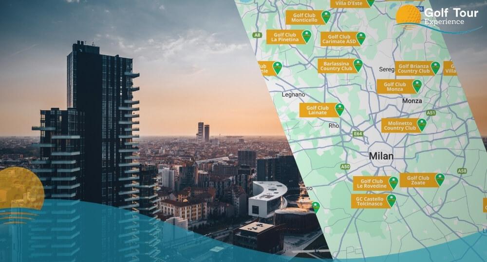 Mappa Campi da Golf Milano con skyline milanese al tramonto