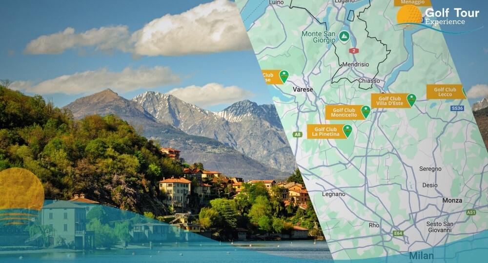 Mappa Campi da Golf Como con lago di Como sullo sfondo