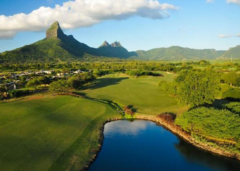 Tamarina golf aerial view with water obstacles and mountains