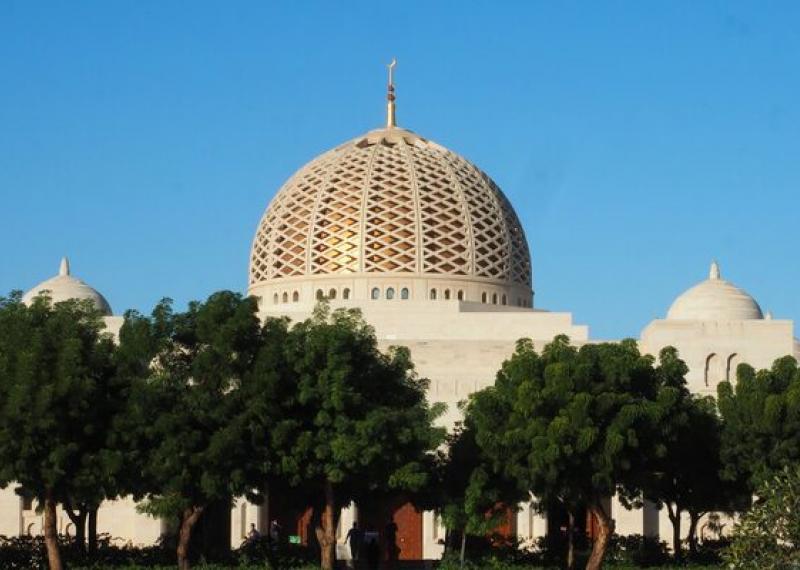 Mosque with trees in the foreground