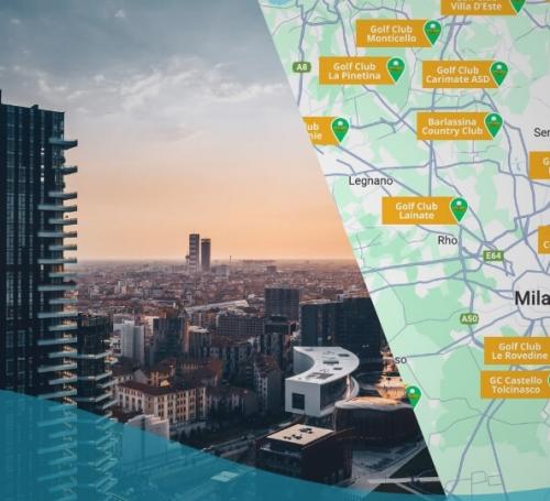 Mappa Campi da Golf Milano con skyline milanese al tramonto
